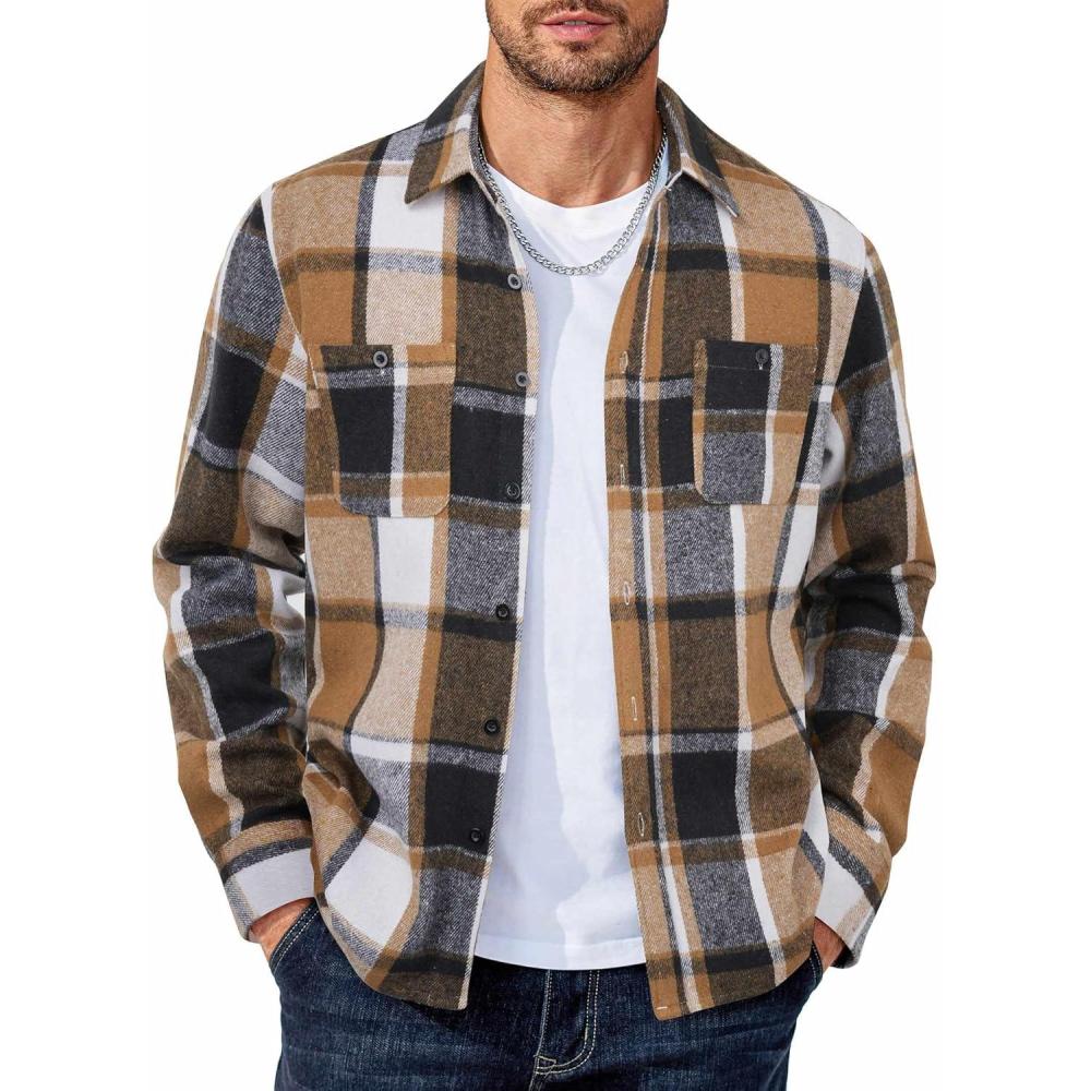 imageCOOFANDY Men Flannel Shirt Casual Button Down Shirt Jacket Long Sleeve Plaid Shirts with PocketsBlackkhaki Plaid