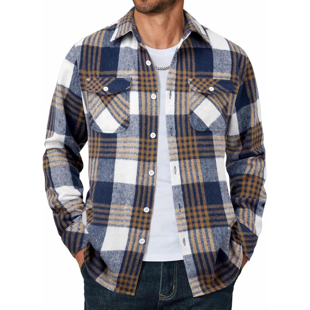 imageCOOFANDY Men Flannel Shirt Casual Button Down Shirt Jacket Long Sleeve Plaid Shirts with PocketsBlue Plaid