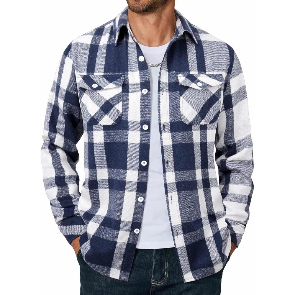 imageCOOFANDY Men Flannel Shirt Casual Button Down Shirt Jacket Long Sleeve Plaid Shirts with PocketsBlue White