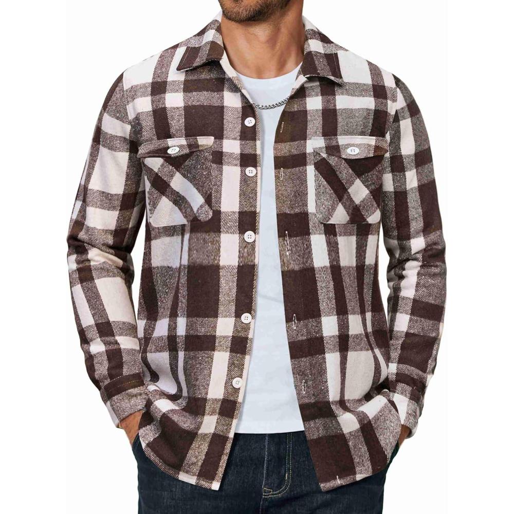 imageCOOFANDY Men Flannel Shirt Casual Button Down Shirt Jacket Long Sleeve Plaid Shirts with PocketsBrown