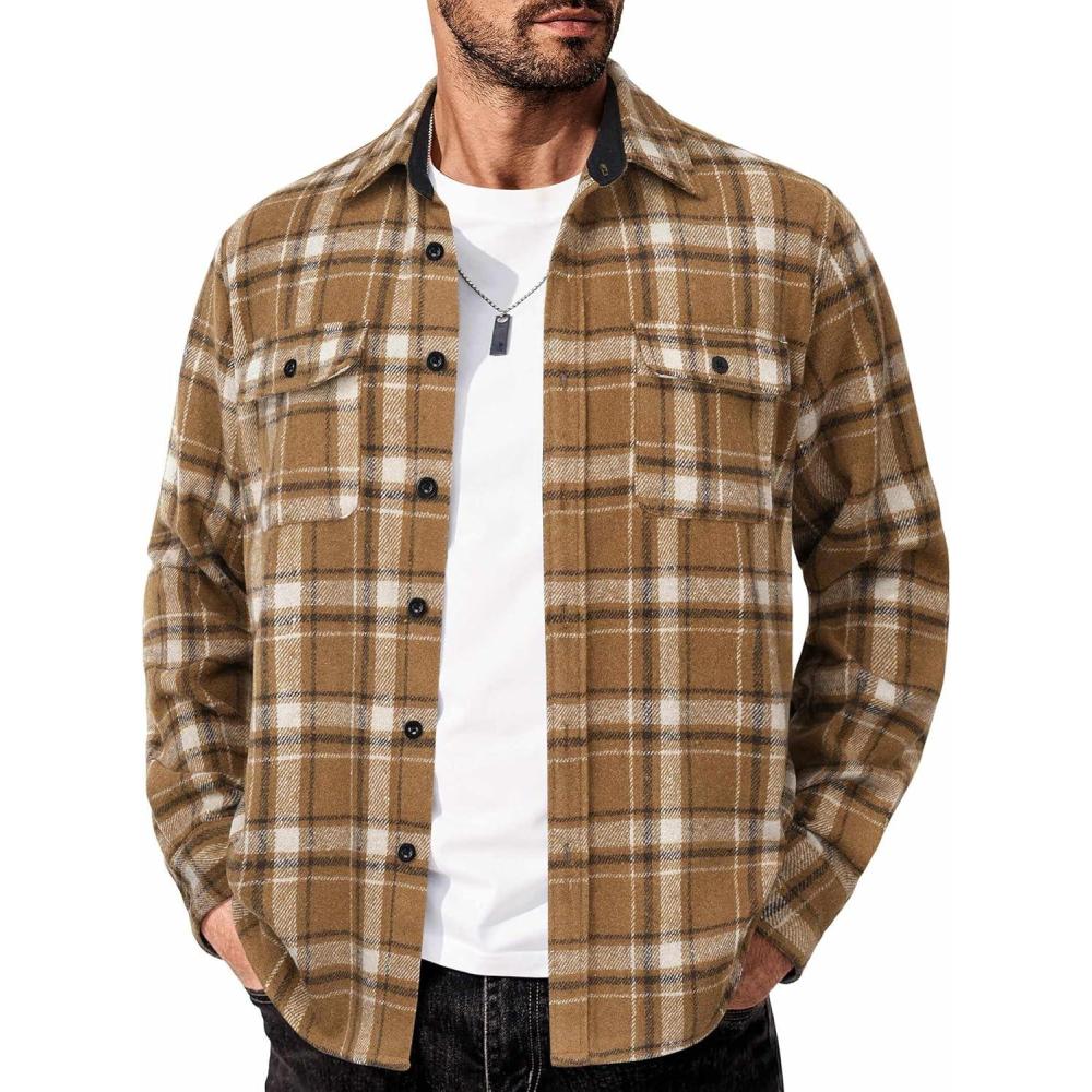 imageCOOFANDY Men Flannel Shirt Casual Button Down Shirt Jacket Long Sleeve Plaid Shirts with PocketsBrown White