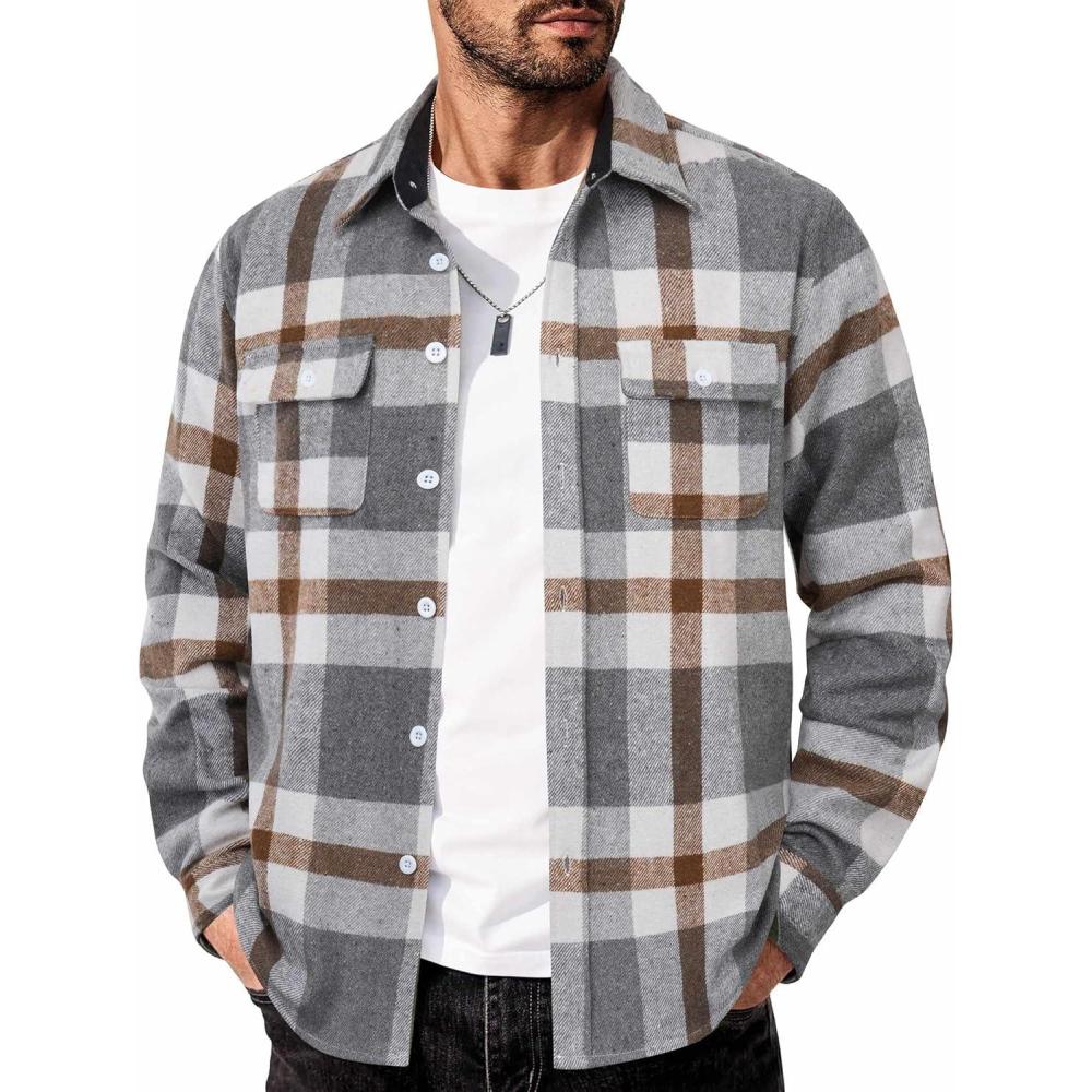 imageCOOFANDY Men Flannel Shirt Casual Button Down Shirt Jacket Long Sleeve Plaid Shirts with PocketsGrey Brown