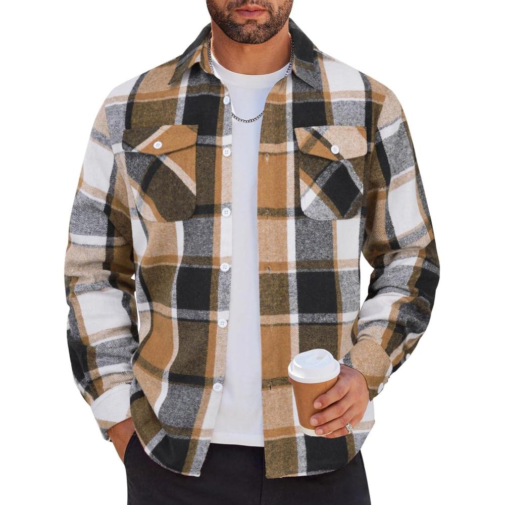 imageCOOFANDY Men Flannel Shirt Casual Button Down Shirt Jacket Long Sleeve Plaid Shirts with PocketsKhaki Gray