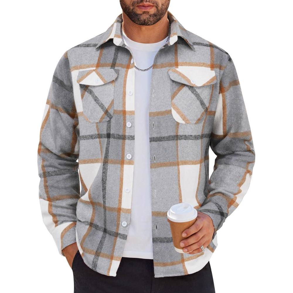 imageCOOFANDY Men Flannel Shirt Casual Button Down Shirt Jacket Long Sleeve Plaid Shirts with PocketsLight Gray