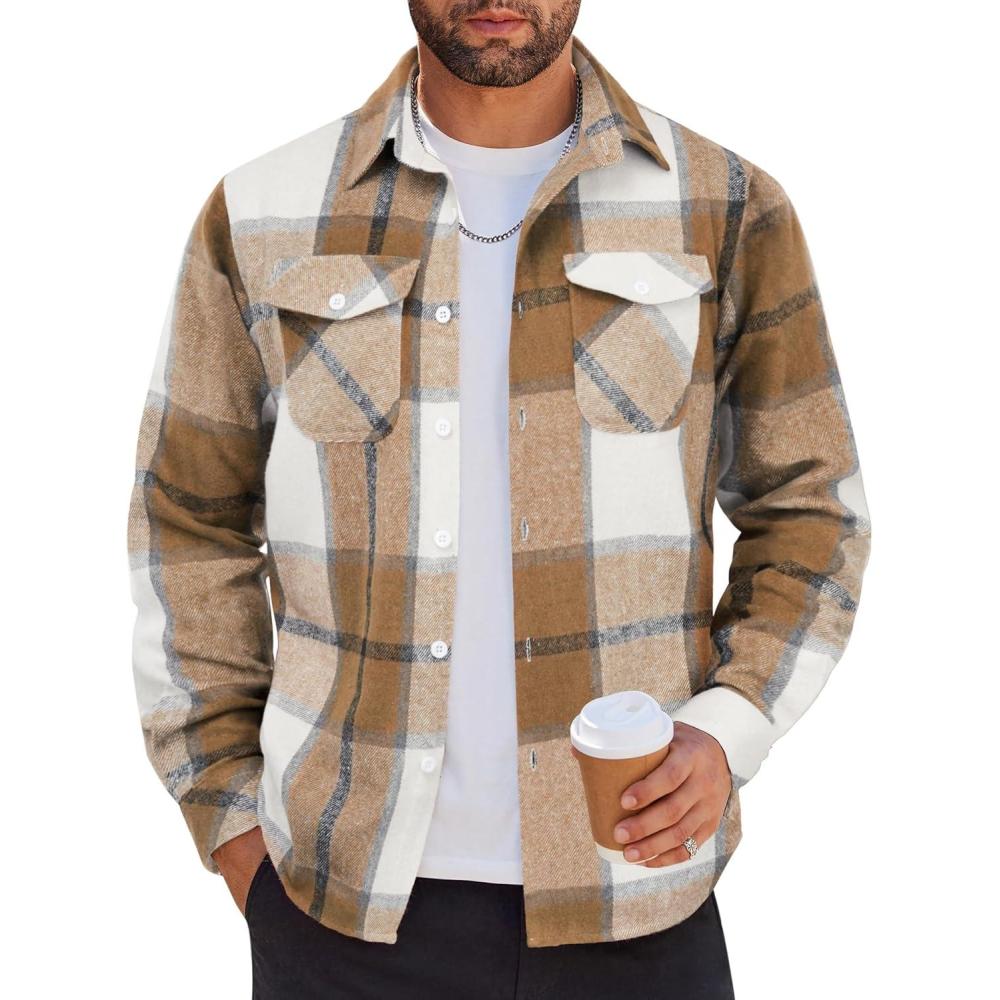 imageCOOFANDY Men Flannel Shirt Casual Button Down Shirt Jacket Long Sleeve Plaid Shirts with PocketsLight Khaki