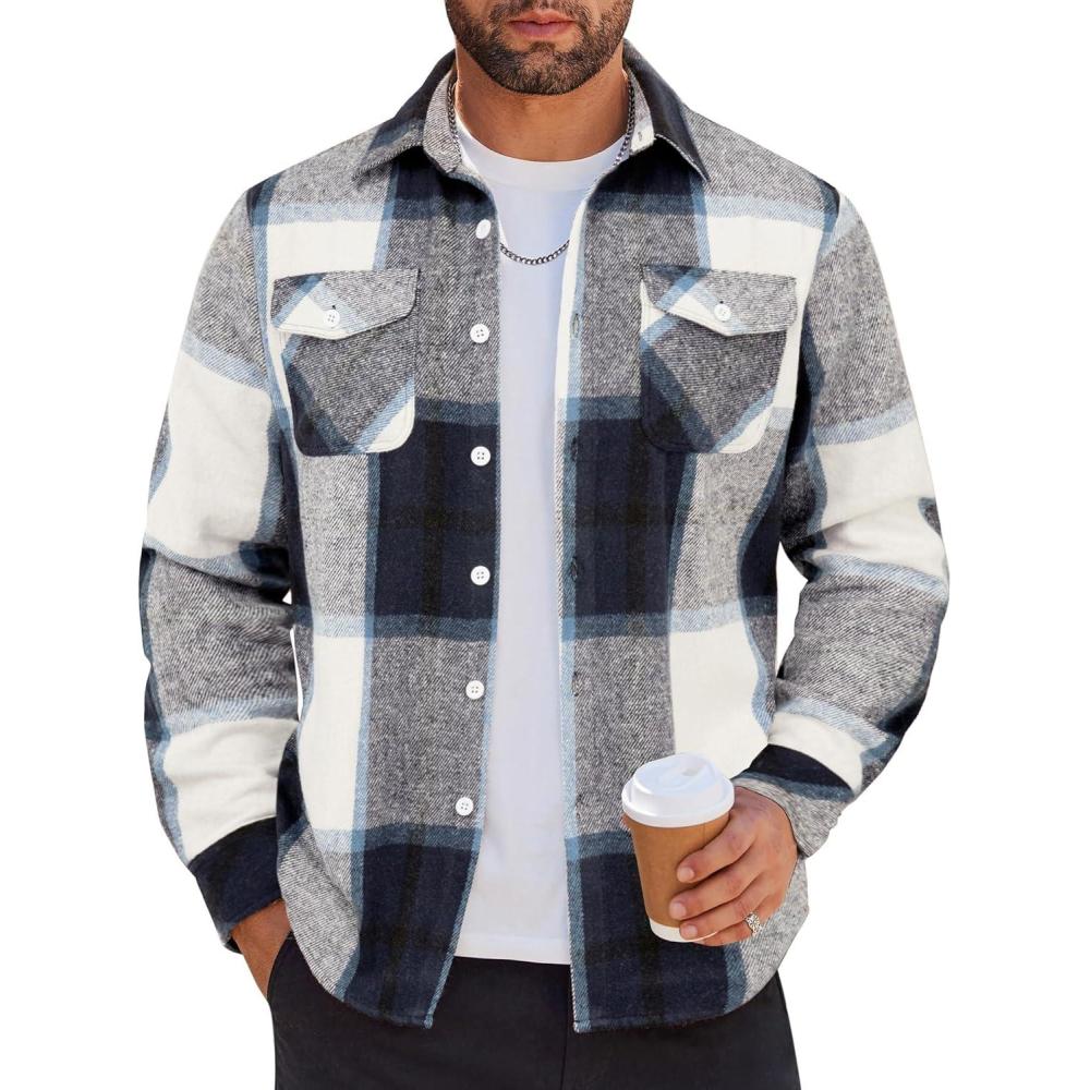 imageCOOFANDY Men Flannel Shirt Casual Button Down Shirt Jacket Long Sleeve Plaid Shirts with PocketsNavy Blue