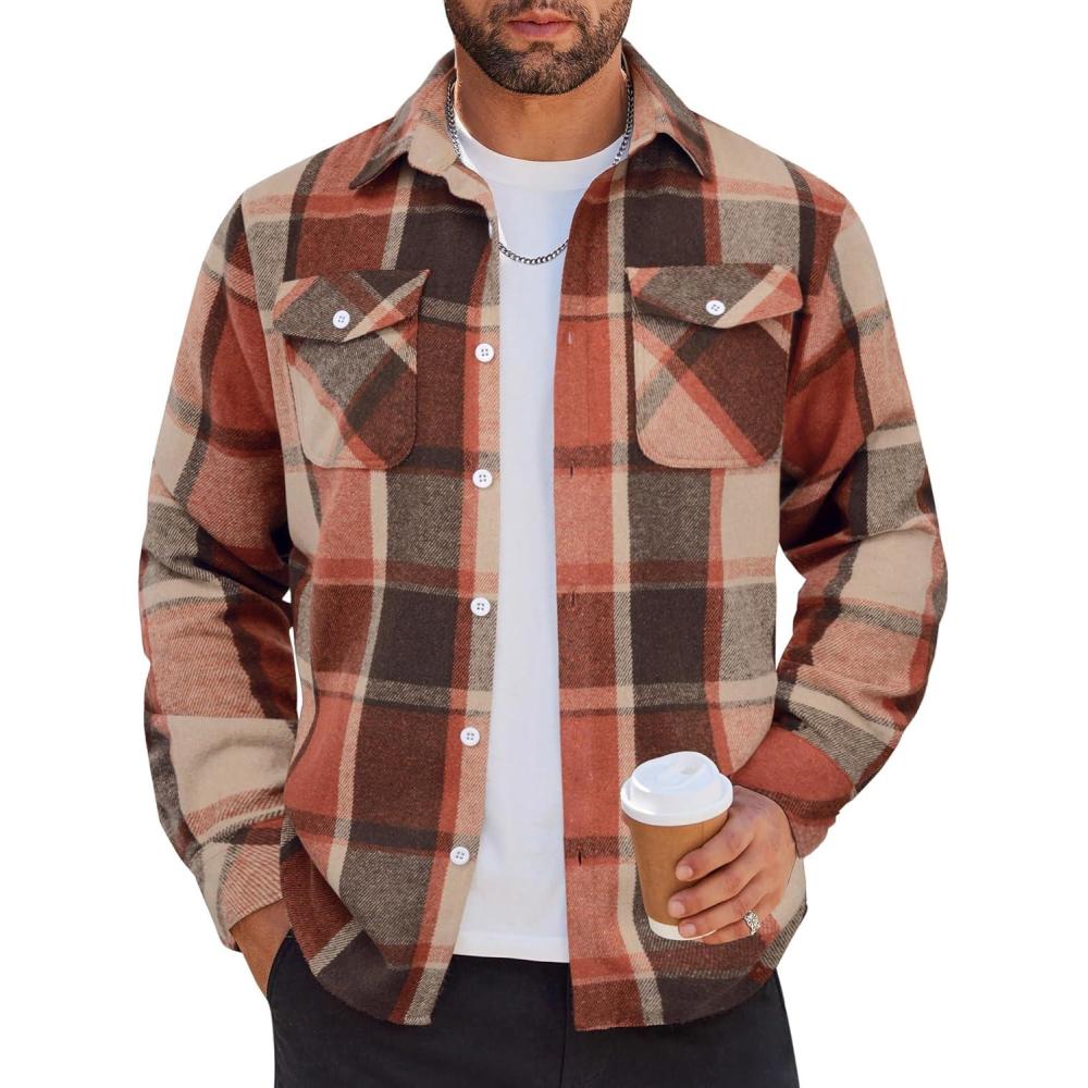 imageCOOFANDY Men Flannel Shirt Casual Button Down Shirt Jacket Long Sleeve Plaid Shirts with PocketsOrange