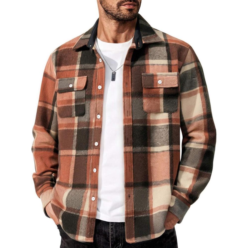 imageCOOFANDY Men Flannel Shirt Casual Button Down Shirt Jacket Long Sleeve Plaid Shirts with PocketsOrange Red