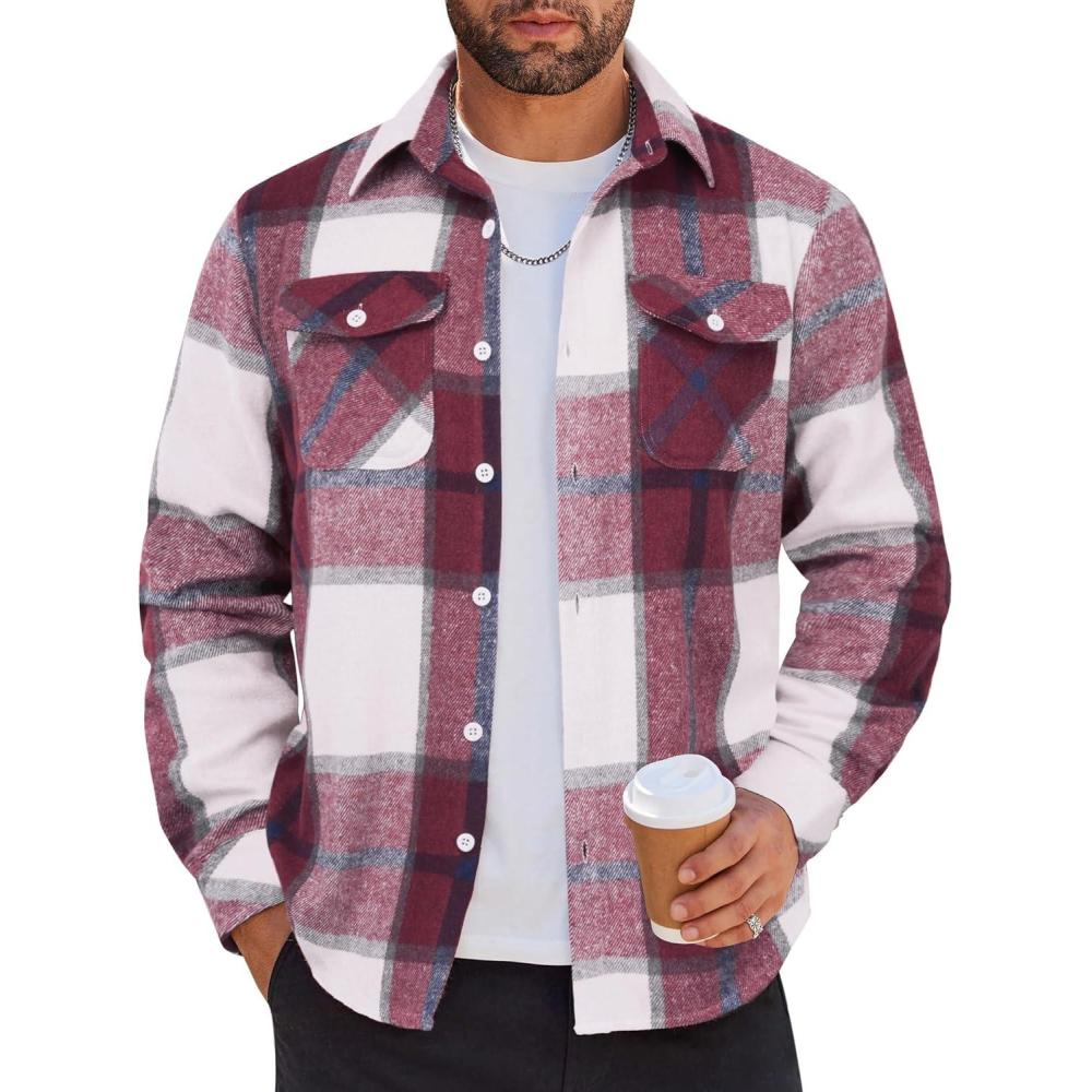 imageCOOFANDY Men Flannel Shirt Casual Button Down Shirt Jacket Long Sleeve Plaid Shirts with PocketsRed