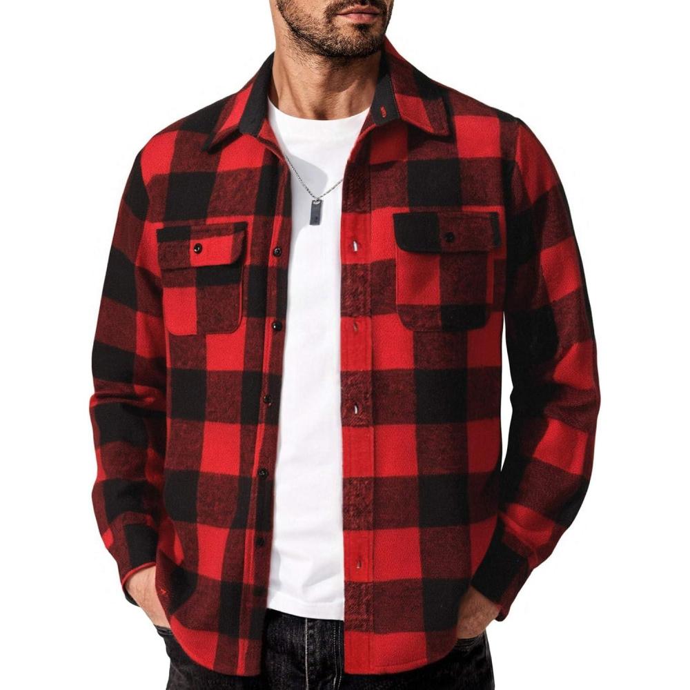 imageCOOFANDY Men Flannel Shirt Casual Button Down Shirt Jacket Long Sleeve Plaid Shirts with PocketsWine Red