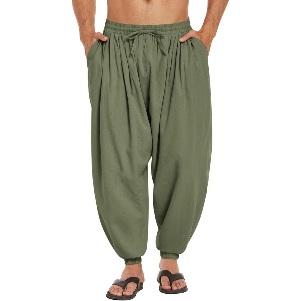 imageCOOFANDY Men Hippie Harem Pants Baggy Linen Cotton Boho Yoga Pants Summer Beach Pants Casual Drop Crotch TrouserArmy Green