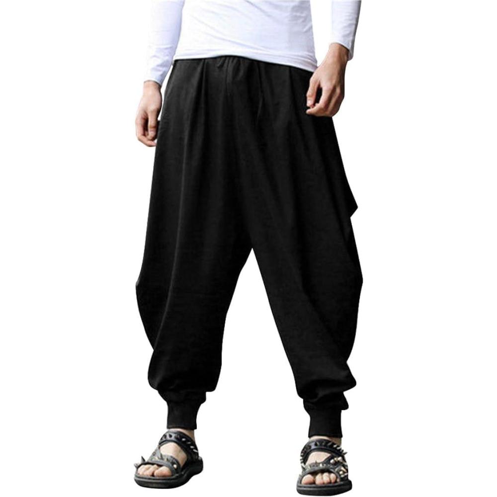 imageCOOFANDY Men Hippie Harem Pants Baggy Linen Cotton Boho Yoga Pants Summer Beach Pants Casual Drop Crotch TrouserBlack