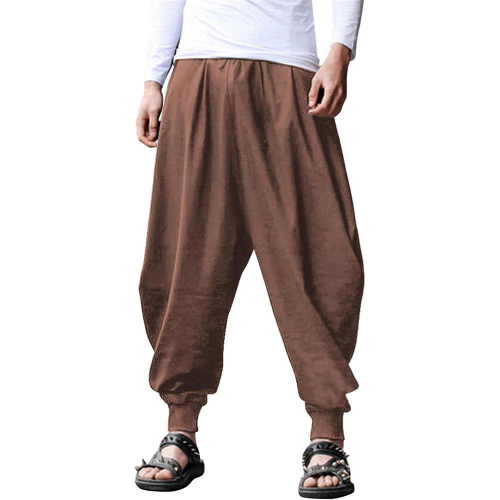 imageCOOFANDY Men Hippie Harem Pants Baggy Linen Cotton Boho Yoga Pants Summer Beach Pants Casual Drop Crotch TrouserBrown