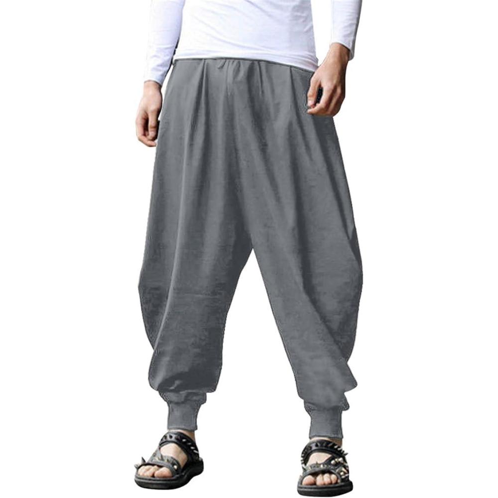 imageCOOFANDY Men Hippie Harem Pants Baggy Linen Cotton Boho Yoga Pants Summer Beach Pants Casual Drop Crotch TrouserDark Grey