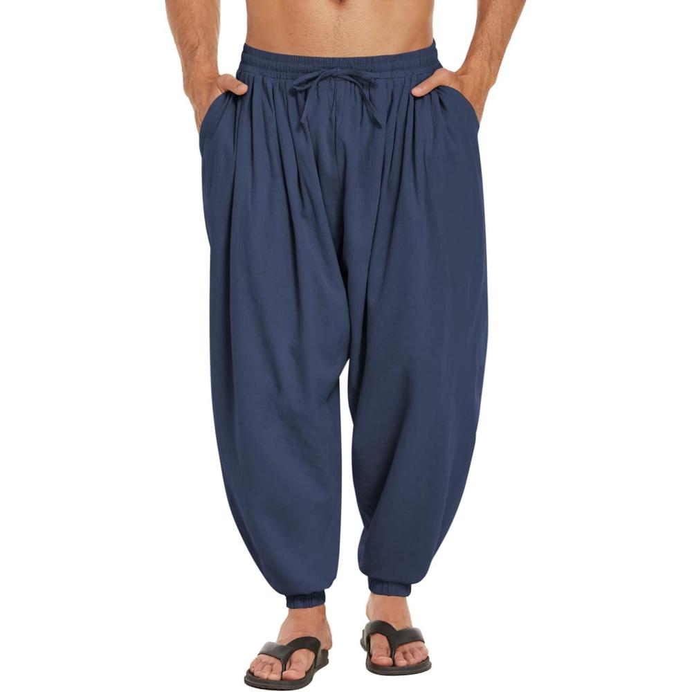 imageCOOFANDY Men Hippie Harem Pants Baggy Linen Cotton Boho Yoga Pants Summer Beach Pants Casual Drop Crotch TrouserNavy Blue