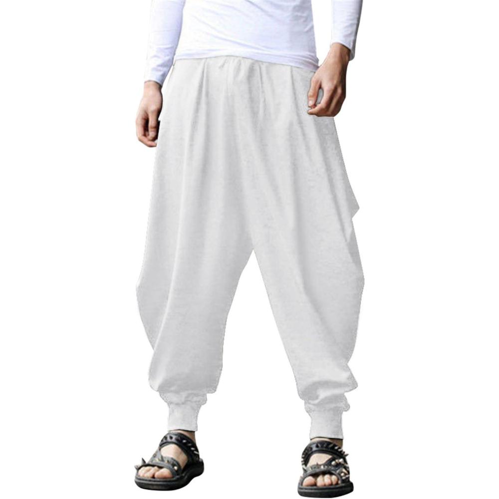 imageCOOFANDY Men Hippie Harem Pants Baggy Linen Cotton Boho Yoga Pants Summer Beach Pants Casual Drop Crotch TrouserWhite