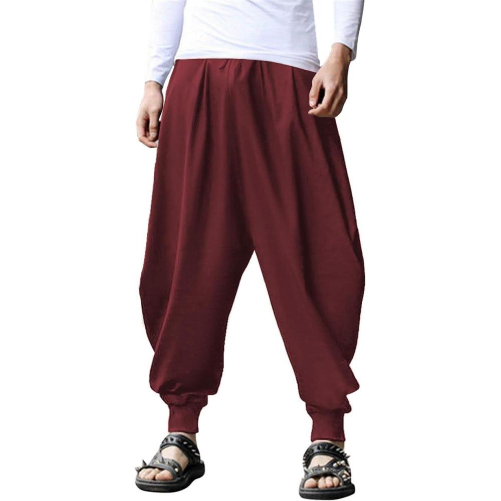 imageCOOFANDY Men Hippie Harem Pants Baggy Linen Cotton Boho Yoga Pants Summer Beach Pants Casual Drop Crotch TrouserWine Red