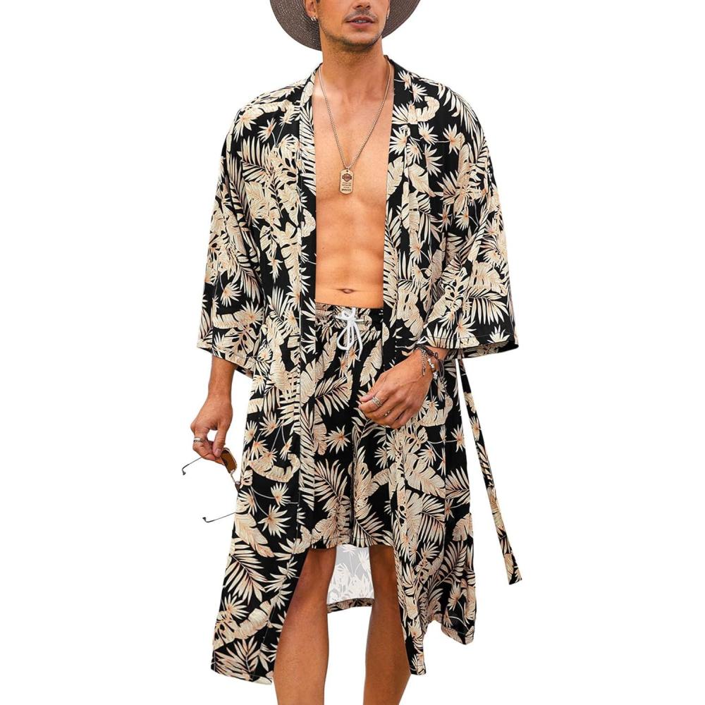 imageCOOFANDY Men Lightweight 2 Piece Kimono Robe with Shorts Japanese Robes Casual Open Front Long Cardigan With BeltBlackleaves