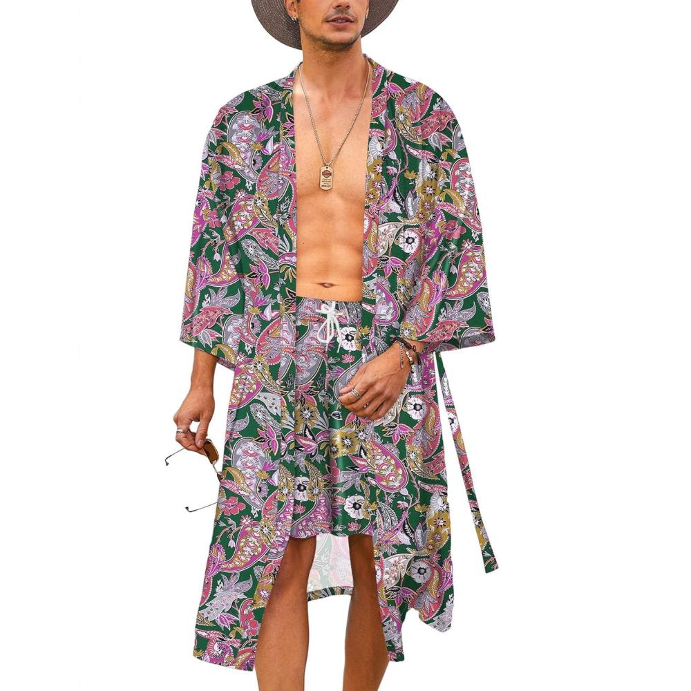 imageCOOFANDY Men Lightweight 2 Piece Kimono Robe with Shorts Japanese Robes Casual Open Front Long Cardigan With BeltGreenpaisley Print