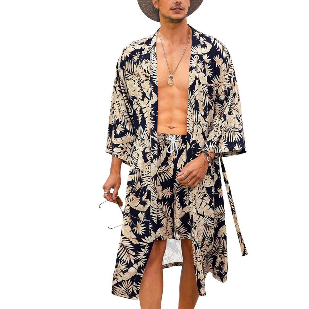 imageCOOFANDY Men Lightweight 2 Piece Kimono Robe with Shorts Japanese Robes Casual Open Front Long Cardigan With BeltNavy Blueleaves