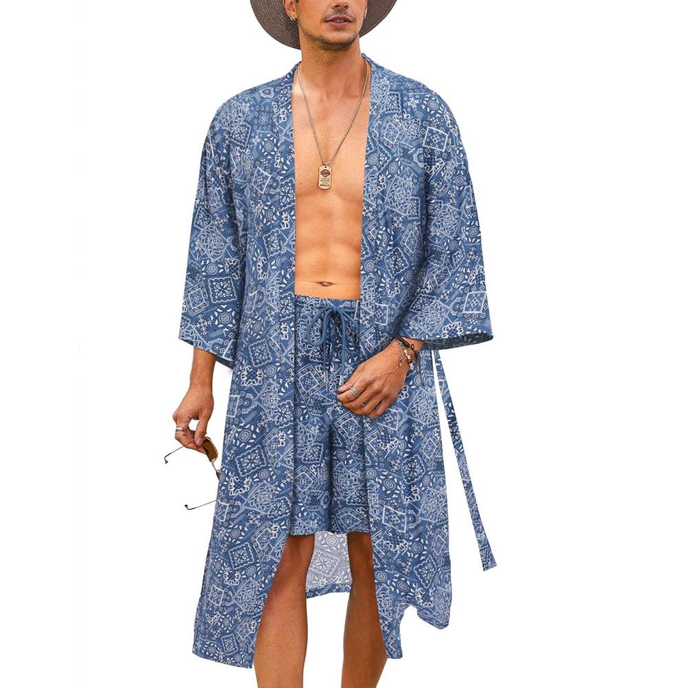 imageCOOFANDY Men Lightweight 2 Piece Kimono Robe with Shorts Japanese Robes Casual Open Front Long Cardigan With BeltNavy Blueplaid
