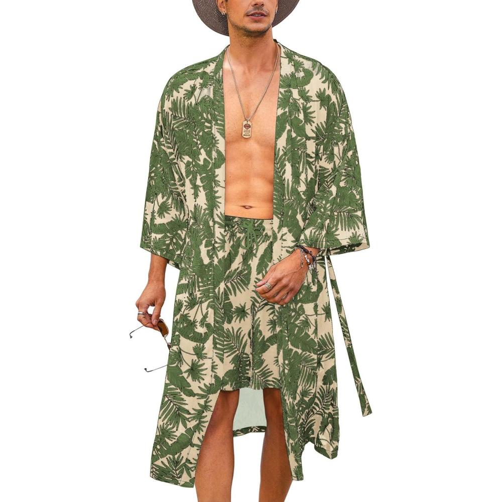 imageCOOFANDY Men Lightweight 2 Piece Kimono Robe with Shorts Japanese Robes Casual Open Front Long Cardigan With BeltWhiteleaves