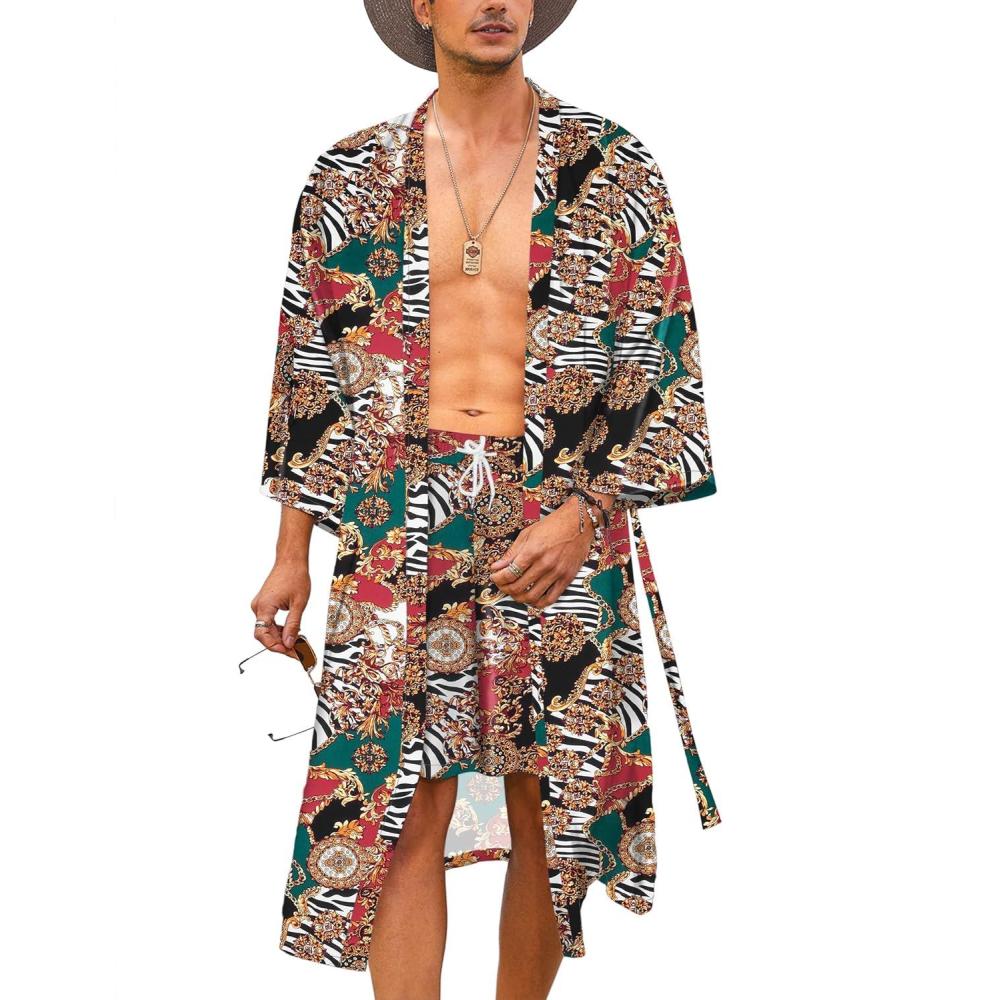 imageCOOFANDY Men Lightweight 2 Piece Kimono Robe with Shorts Japanese Robes Casual Open Front Long Cardigan With BeltWhiteluxury Print