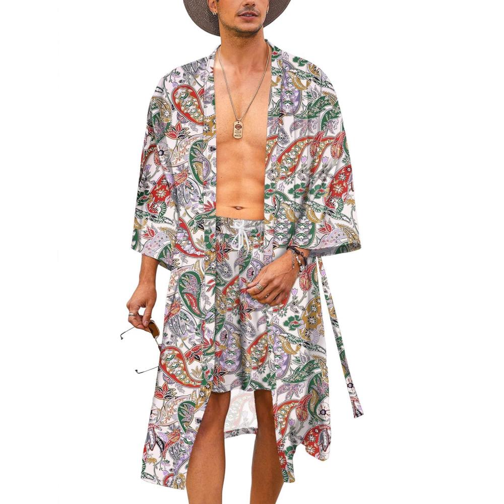 imageCOOFANDY Men Lightweight 2 Piece Kimono Robe with Shorts Japanese Robes Casual Open Front Long Cardigan With BeltWhitepaisley Print