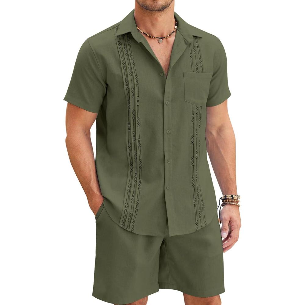 imageCOOFANDY Men Linen Sets Outfits 2 Piece Short Sleeve Cuban Shirts Guayabera Linen SuitArmy Green
