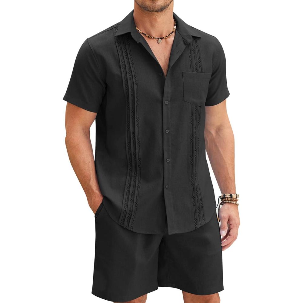 imageCOOFANDY Men Linen Sets Outfits 2 Piece Short Sleeve Cuban Shirts Guayabera Linen SuitBlack