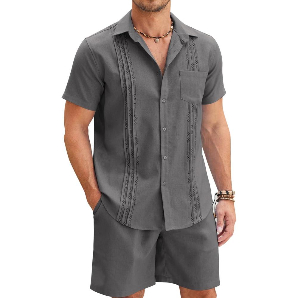 imageCOOFANDY Men Linen Sets Outfits 2 Piece Short Sleeve Cuban Shirts Guayabera Linen SuitDark Gray