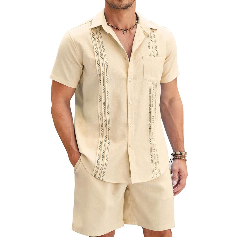 imageCOOFANDY Men Linen Sets Outfits 2 Piece Short Sleeve Cuban Shirts Guayabera Linen SuitKhaki