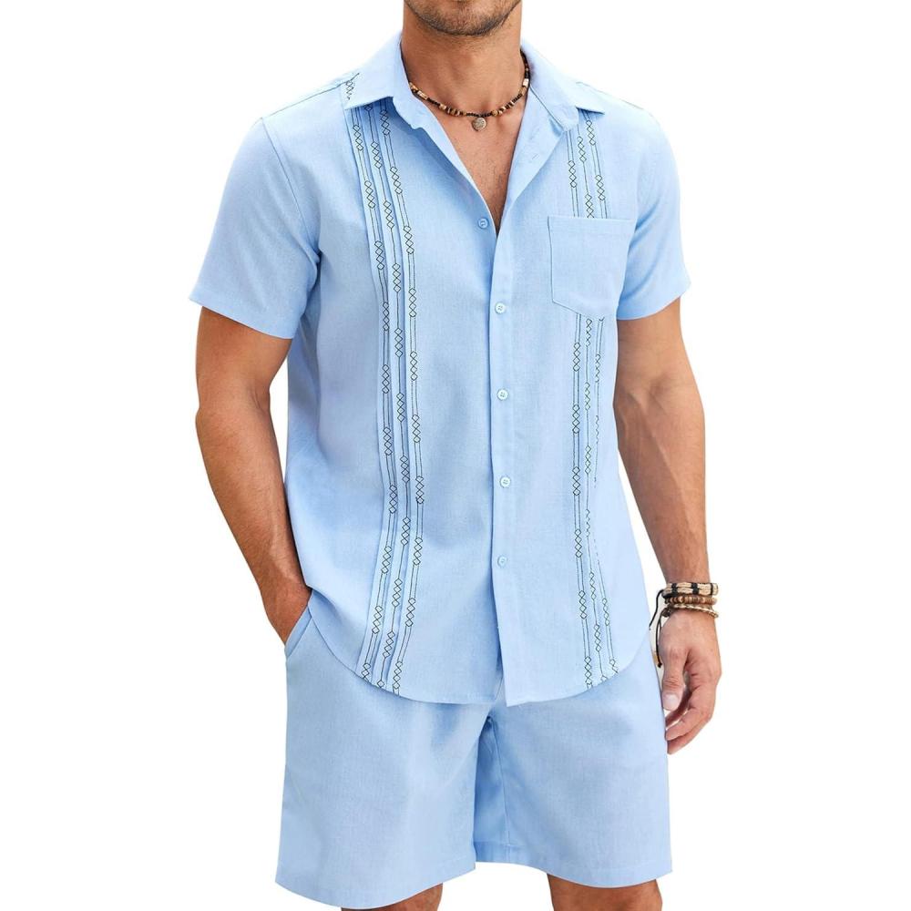imageCOOFANDY Men Linen Sets Outfits 2 Piece Short Sleeve Cuban Shirts Guayabera Linen SuitLight Blue