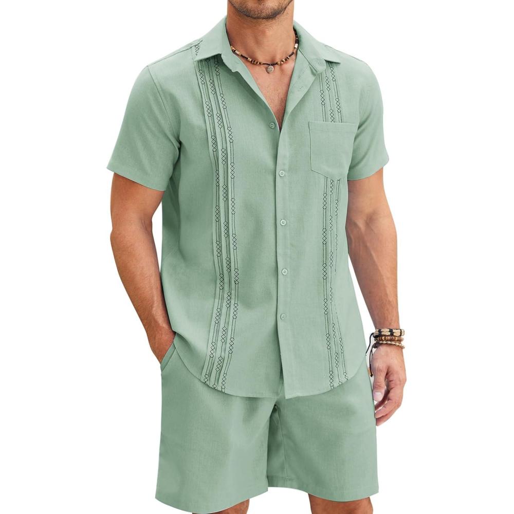 imageCOOFANDY Men Linen Sets Outfits 2 Piece Short Sleeve Cuban Shirts Guayabera Linen SuitLight Green