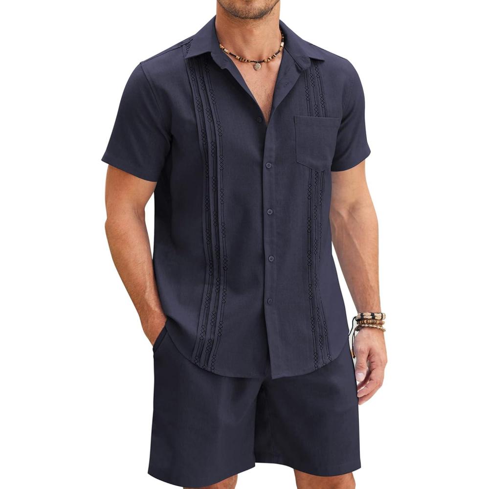 imageCOOFANDY Men Linen Sets Outfits 2 Piece Short Sleeve Cuban Shirts Guayabera Linen SuitNavy Blue