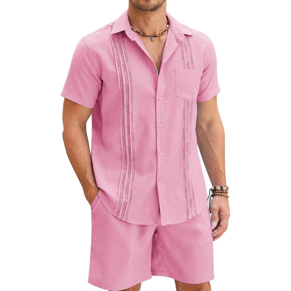 imageCOOFANDY Men Linen Sets Outfits 2 Piece Short Sleeve Cuban Shirts Guayabera Linen SuitPink