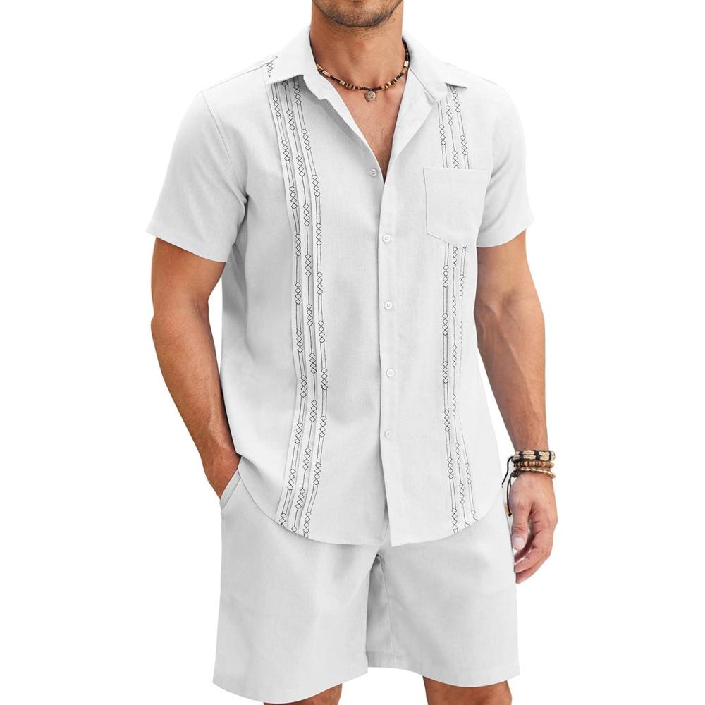 imageCOOFANDY Men Linen Sets Outfits 2 Piece Short Sleeve Cuban Shirts Guayabera Linen SuitWhite