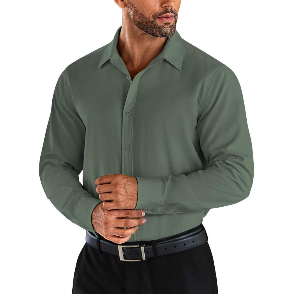 imageCOOFANDY Men Long Sleeve Button Down Shirts Muscle Fit Dress Shirts Slim Fit Knit Shirts Camp Collar ShirtsArmy Green