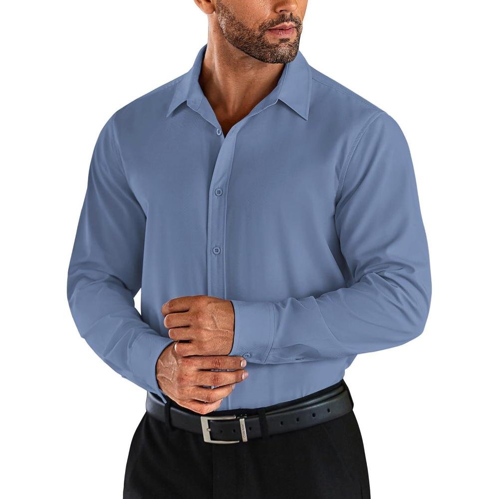 imageCOOFANDY Men Long Sleeve Button Down Shirts Muscle Fit Dress Shirts Slim Fit Knit Shirts Camp Collar ShirtsBlue