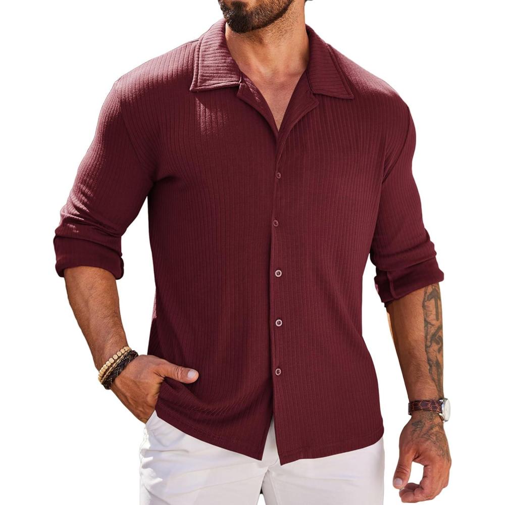 imageCOOFANDY Men Long Sleeve Button Down Shirts Muscle Fit Dress Shirts Slim Fit Knit Shirts Camp Collar ShirtsBurgundy