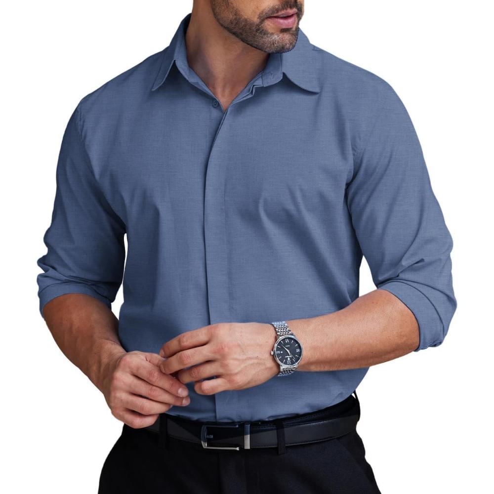 imageCOOFANDY Men Long Sleeve Button Down Shirts Muscle Fit Dress Shirts Slim Fit Knit Shirts Camp Collar ShirtsDenim Blue