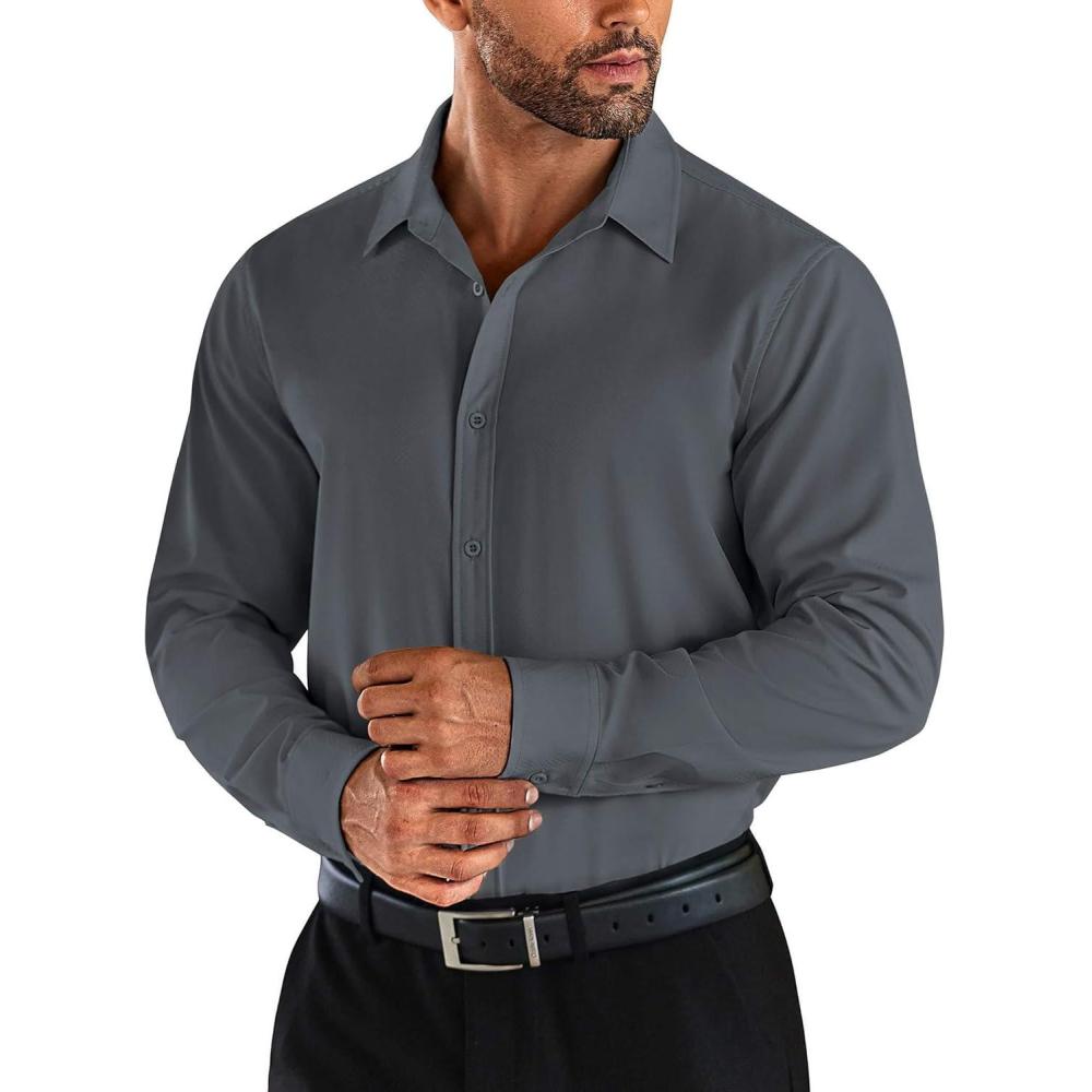 imageCOOFANDY Men Long Sleeve Button Down Shirts Muscle Fit Dress Shirts Slim Fit Knit Shirts Camp Collar ShirtsGrey