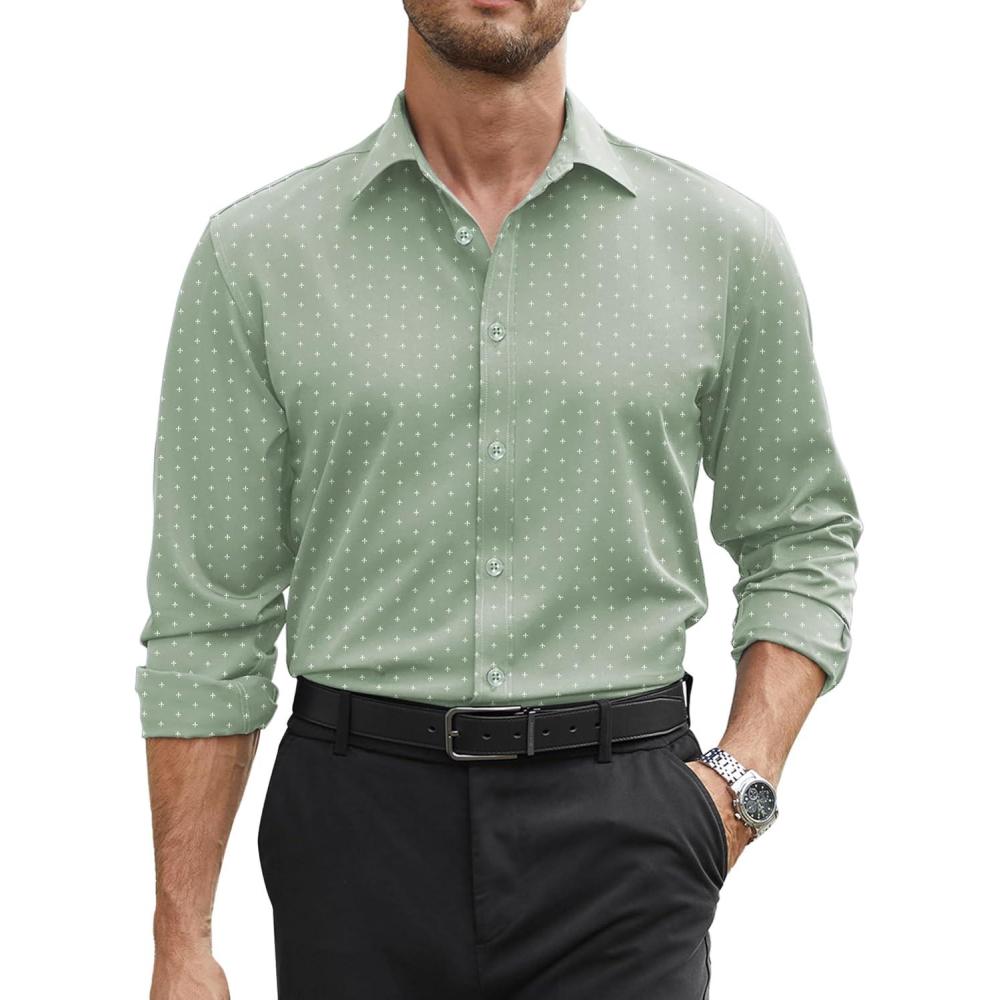 imageCOOFANDY Men Long Sleeve Button Down Shirts Muscle Fit Dress Shirts Slim Fit Knit Shirts Camp Collar ShirtsLight Greenflower