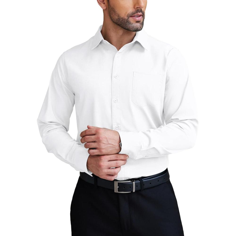 imageCOOFANDY Men Long Sleeve Button Down Shirts Muscle Fit Dress Shirts Slim Fit Knit Shirts Camp Collar ShirtsWhite