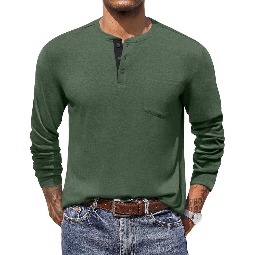 imageCOOFANDY Men Long Sleeve Henley Shirs Casual Basic T Shirts Soild Button Tees with PocketsArmy Green