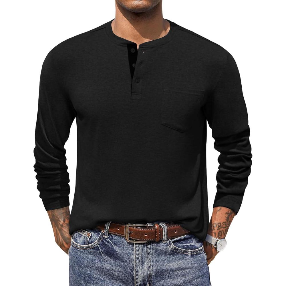 imageCOOFANDY Men Long Sleeve Henley Shirs Casual Basic T Shirts Soild Button Tees with PocketsBlack