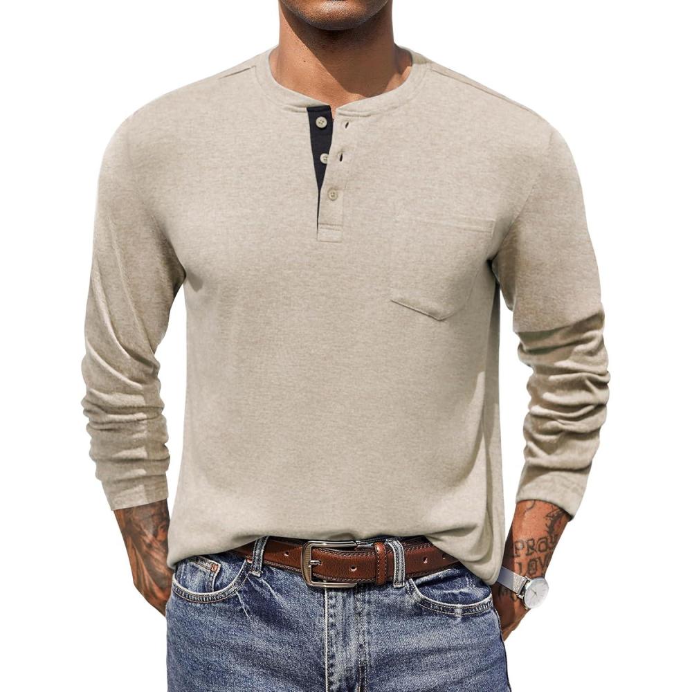 imageCOOFANDY Men Long Sleeve Henley Shirs Casual Basic T Shirts Soild Button Tees with PocketsCoffee