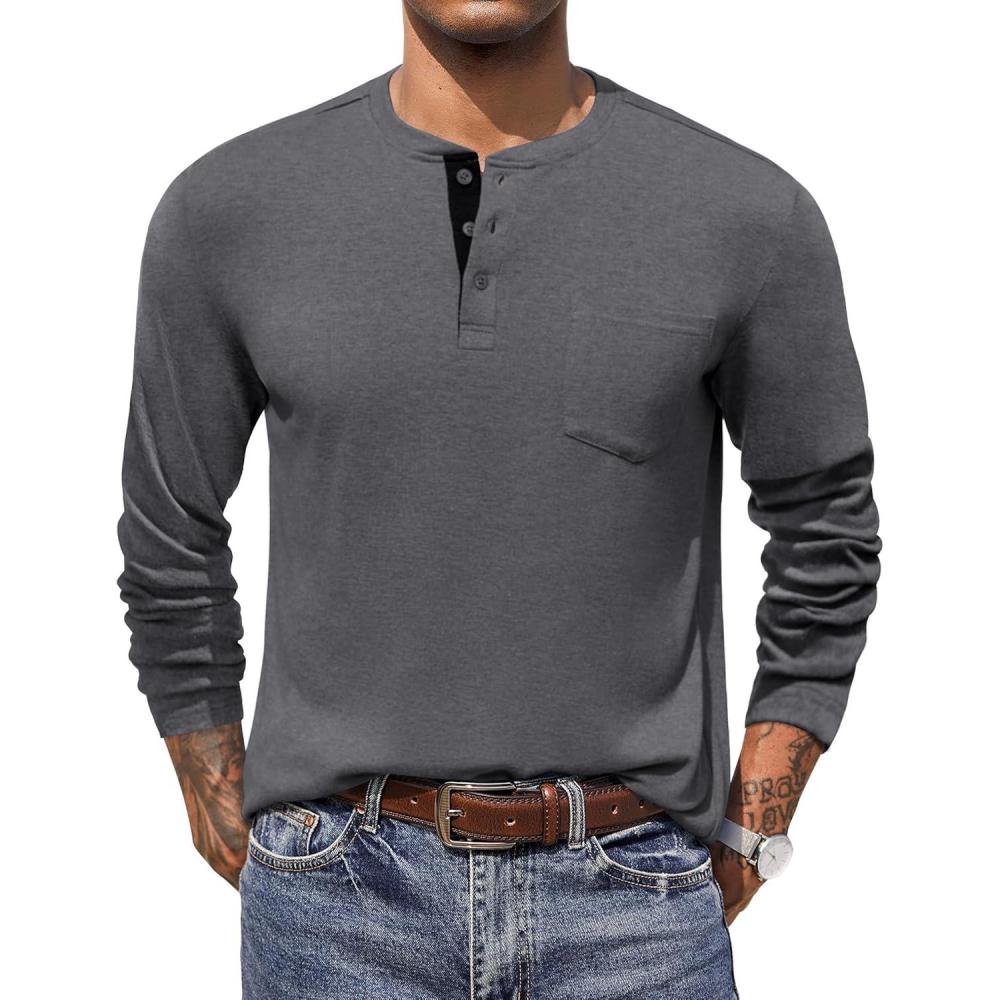 imageCOOFANDY Men Long Sleeve Henley Shirs Casual Basic T Shirts Soild Button Tees with PocketsDark Grey
