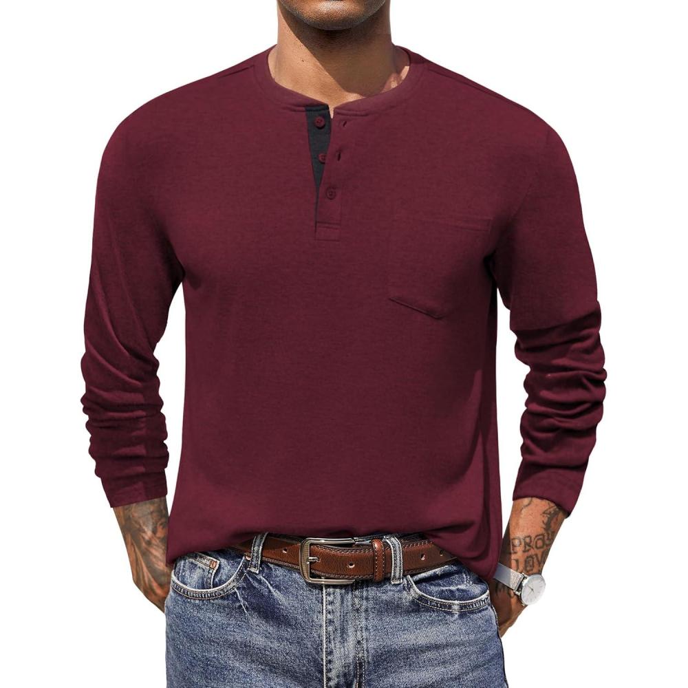 imageCOOFANDY Men Long Sleeve Henley Shirs Casual Basic T Shirts Soild Button Tees with PocketsDark Red