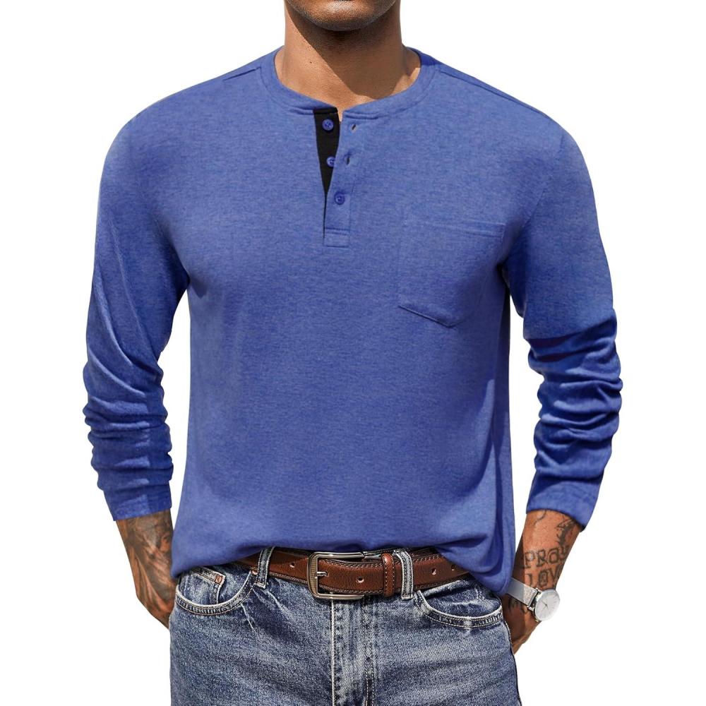 imageCOOFANDY Men Long Sleeve Henley Shirs Casual Basic T Shirts Soild Button Tees with PocketsDeep Blue